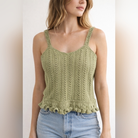 Poof Apparel Tops - Poof Apparel Sage Green Crochet Tank Top Medium NWT